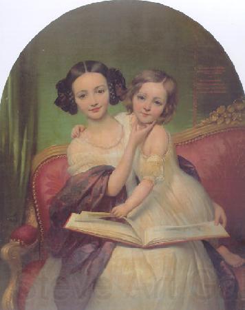 Joseph-Desire Court Portrait de Marguerite Louise Cibiel et de Marie Aglaure Cibiel assises sur un sofa  feuilletant un livre France oil painting art